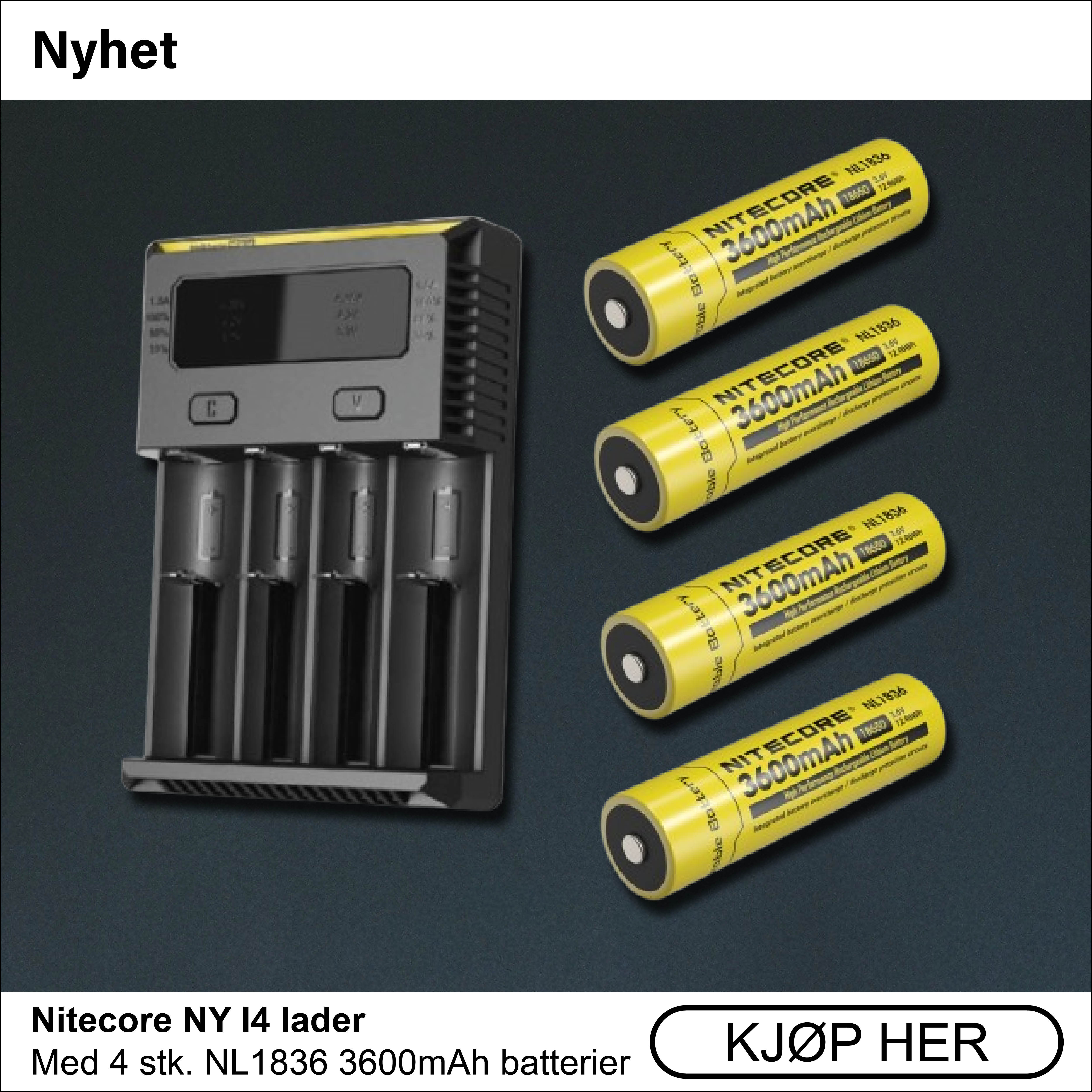 Nitecore NY I4 lader med 4 stk. Nitecore NL1836 3600mAh batterier